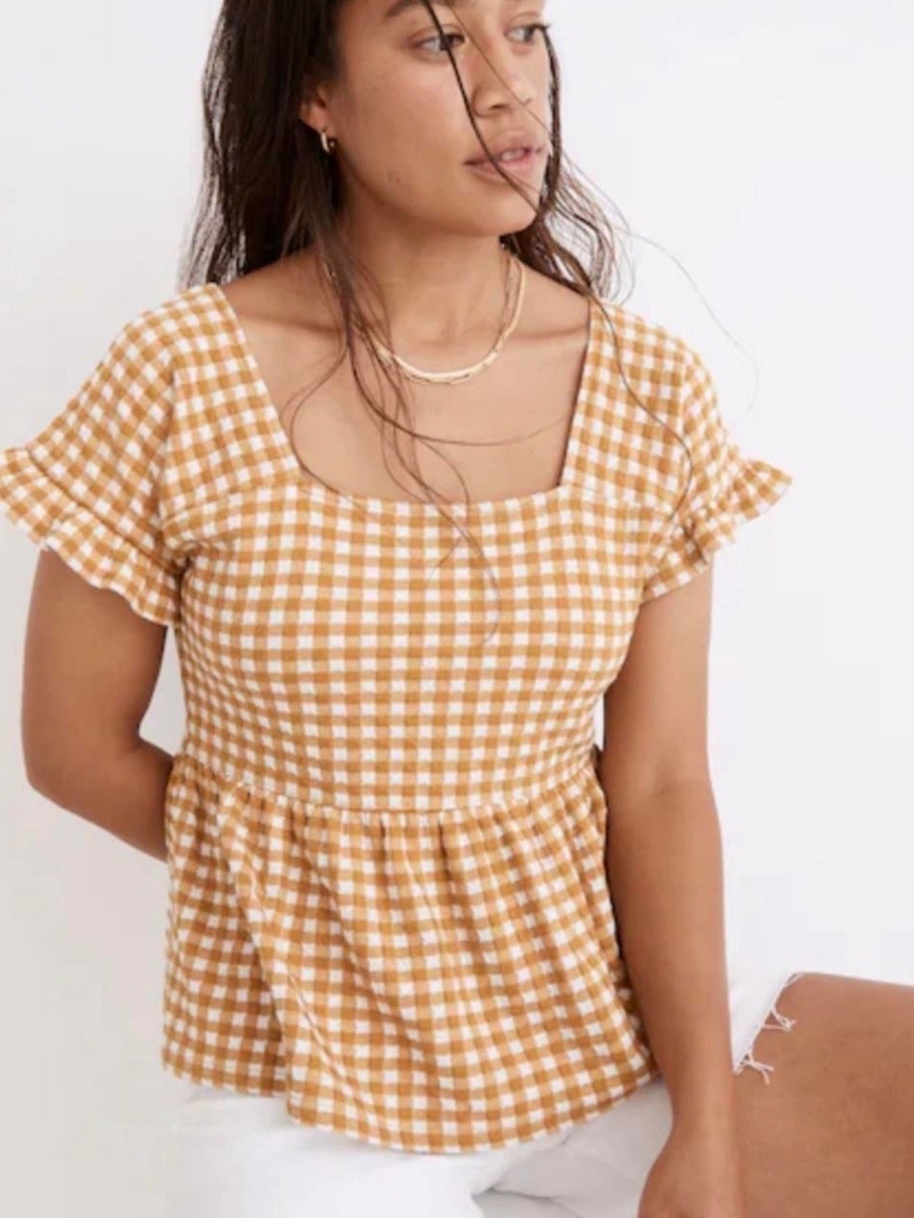 Madewell Gingham Peplum Top Yellow & White Small